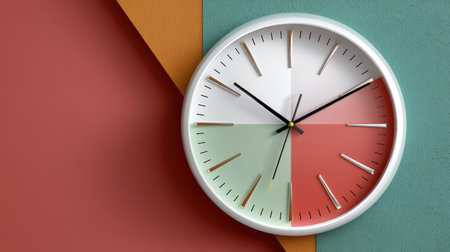 A stylish wall clock featuring a unique color scheme and modern design, set against a backdrop of geometric shapes in soft tones, perfect for decor.の素材