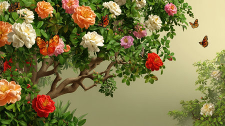This stunning image showcases a colorful array of blossoms including roses, complemented by fluttering butterflies among lush green foliage. Perfect for nature themes.の素材