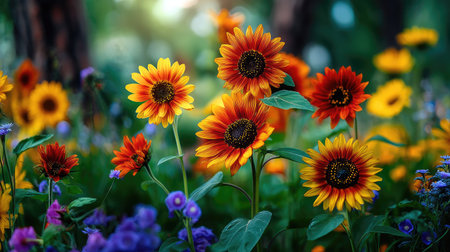 A stunning arrangement of vibrant sunflowers and colorful wildflowers creates a picturesque scene in a lush garden. This image captures the essence of nature's beauty, inviting viewers to embrace the joy and serenity found in blooming flora.の素材