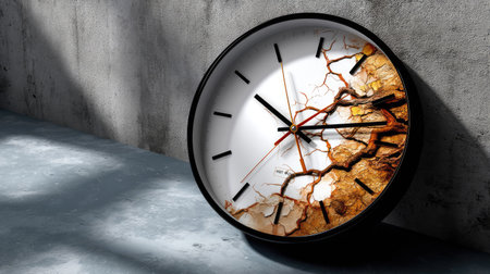 This artistic wall clock merges functionality with creative design, featuring a cracked surface and abstract elements that capture attention.の素材