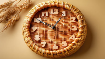 This image features a charming rustic wall clock made from woven materials, highlighted by wooden numbers. The soft beige background enhances the cozy atmosphere and artistic design, making it an ideal home decor item.の素材
