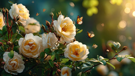 Enchanting scene of blooming white roses surrounded by butterflies, infused with soft sunlight, creating a tranquil garden atmosphere full of life.の素材