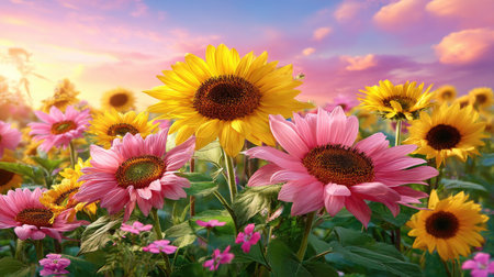 A stunning display of vibrant sunflowers and soft pink flowers captured under a colorful sky during sunset, creating a serene and enchanting atmosphere.の素材
