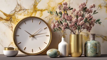 This stunning home decor setup features a stylish clock, beautiful vases, and delicate flowers arranged against a luxurious marble background, creating a serene atmosphere.の素材