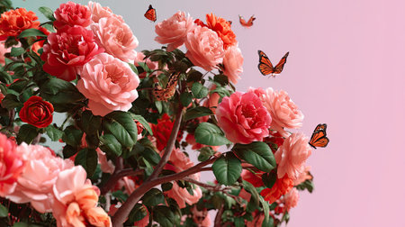 A stunning arrangement of pink and coral roses surrounded by delicate butterflies, set against a gentle pink backdrop. Perfect for conveying beauty and freshness.の素材