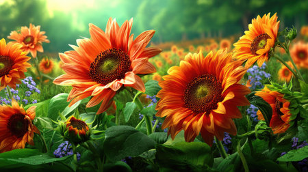 A breathtaking view of vibrant sunflowers blooming in a lush green landscape, captured under soft sunlight, evoking a sense of tranquility and beauty.の素材