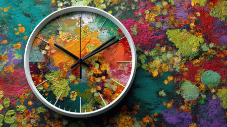 A vibrant abstract clock featuring an array of colorful splashes set against a painterly background, adding a unique charm to any space.の素材