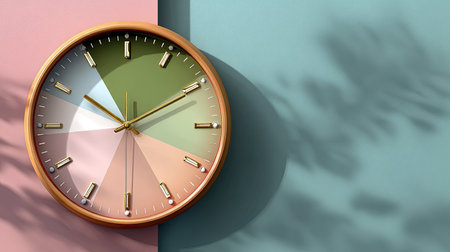 This image features a modern wall clock with a geometric design in soothing pastel colors. The clock displays time elegantly against a split backdrop of pink and blue, casting soft shadows.の素材