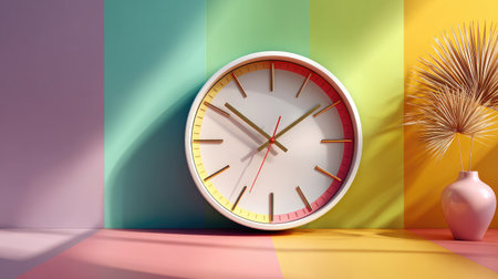 A striking scene showcasing a stylish clock against colorful walls, complemented by artistic plant elements. Ideal for modern decor inspiration.の素材