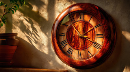 This image features a rustic wooden wall clock elegantly hanging on a textured wall, beautifully illuminated by sunlight, creating a warm and inviting atmosphere.の素材