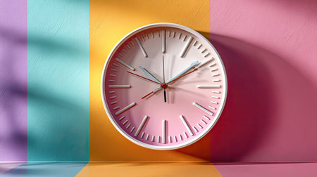 This image features a stylish wall clock set against a backdrop of pastel colors, combining vibrant stripes in a cheerful display. It emphasizes modern design and decor styles.の素材