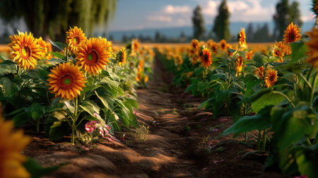 A stunning sunflower field stretches under a clear blue sky, showcasing vibrant blooms surrounded by lush green leaves, highlighting the beauty of nature.の素材