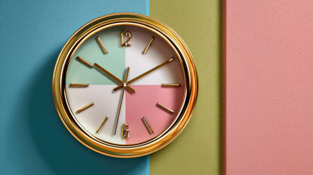 This elegant round wall clock features colorful segments on a textured background, perfect for adding a stylish touch to any modern or minimalist space.の素材