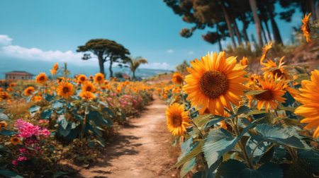 A stunning view of a sunflower field showcases vibrant yellow blooms under a clear blue sky, offering a serene and tranquil outdoor atmosphere.の素材