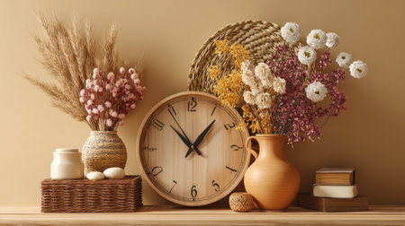 This image showcases a cozy home decor scene featuring a wooden clock, colorful dried flowers, and textured vases, creating a warm and inviting atmosphere.の素材