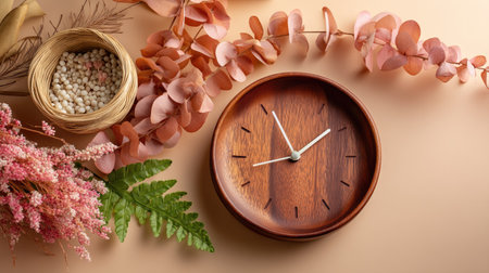 This artistic flat lay features a rustic wooden clock surrounded by vibrant flowers and natural elements, creating a serene and stylish aesthetic.の素材