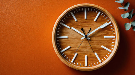 A modern wooden wall clock features a sleek design with white numerals on a warm orange background, perfect for adding style and functionality to home or office decor.の素材
