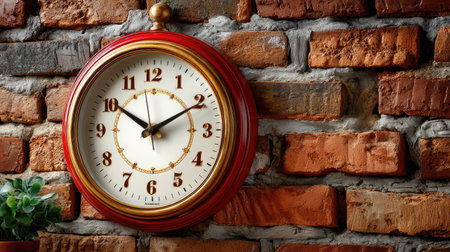 This elegant vintage wall clock features a classic design and a rustic brick wall background, complemented by a small green plant, adding charm and character.の素材