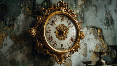 A vintage ornate wall clock featuring Roman numerals and intricate gold detailing, showcasing the beauty of classic craftsmanship on a weathered wall.の素材