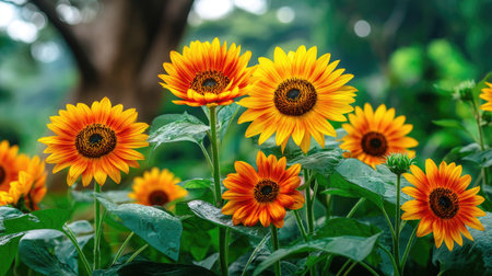 A stunning display of bright sunflowers in full bloom, surrounded by lush green foliage, creates a vibrant and cheerful outdoor garden scene.の素材