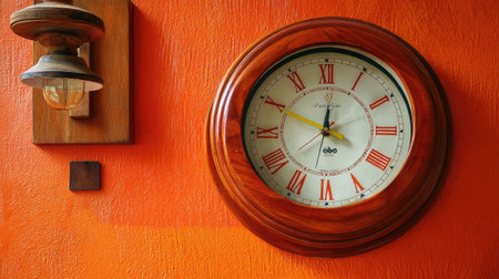 A classic wooden wall clock with Roman numerals showcased against a vibrant orange background. The warm tones of the clock complement artistic lighting, creating a cozy and inviting atmosphere suitable for various interior designs.の素材