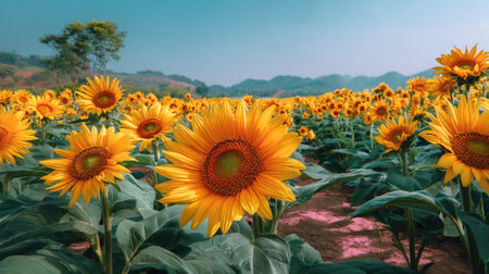Lush field of radiant sunflowers stands against a serene blue sky, showcasing nature's vibrant colors and beauty in a peaceful landscape.の素材