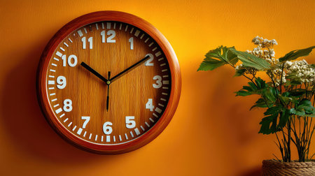 A vintage wooden clock hangs on a vibrant orange wall, perfectly complemented by a small pot of white flowers, adding warmth and style to any interior space.の素材