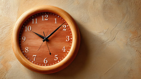 This image captures a classic wooden wall clock featuring Roman numerals. The clock's warm tones create a cozy atmosphere, perfect for home decor.の素材
