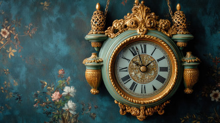 An exquisite vintage ornate wall clock with intricate gold detailing is showcased against a charming floral wallpaper background, perfect for home decor enthusiasts.の素材