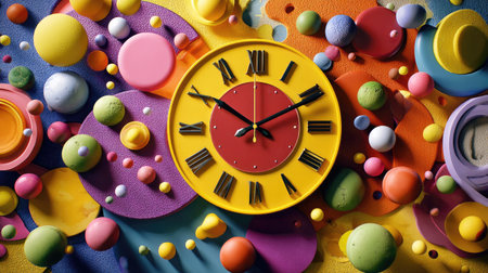 An artistic representation of a colorful clock featuring Roman numerals, surrounded by vibrant spheres and abstract patterns, perfect for home decor.の素材