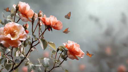 This enchanting image features delicate roses in soft hues, accompanied by fluttering butterflies, creating a serene atmosphere that celebrates nature's beauty.の素材