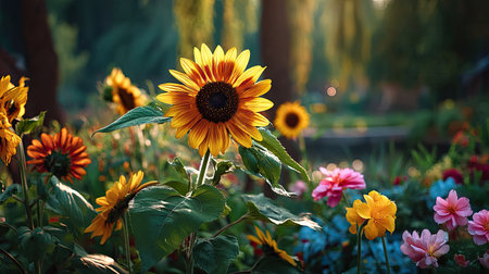 A delightful arrangement of sunflowers and colorful flowers creates a serene atmosphere in this garden scene, illuminated by soft golden hour light.の素材