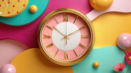 This vibrant image features a modern wall clock surrounded by playful geometric shapes, exuding a cheerful and stylish ambiance suitable for any interior decor.の素材