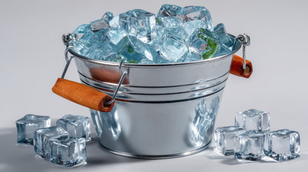 This image features a shiny metal bucket filled with clear ice cubes, creating a refreshing and inviting scene perfect for summer beverages or parties.の素材