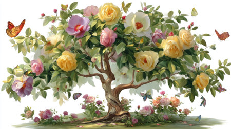 This vibrant illustration features a blooming tree adorned with colorful flowers and butterflies, creating a serene and joyful garden atmosphere.の素材