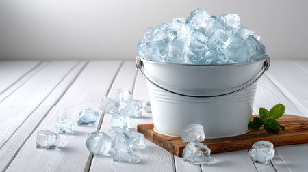 A pristine white bucket overflowing with clear ice cubes sits on a wooden board, surrounded by scattered cubes and fresh mint leaves on a white table.の素材