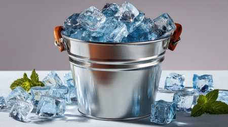 A sleek metal bucket filled with clear ice cubes glistens under bright light, surrounded by fresh mint leaves, perfect for refreshing beverages.の素材