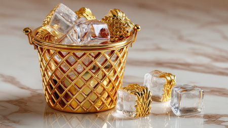 This image features a stunning golden basket filled with clear ice cubes, embodying luxury and elegance in a chic setting. Perfect for upscale gatherings.の素材