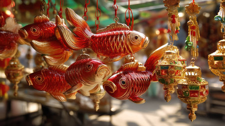 A stunning display of colorful decorative fish and lanterns hanging in an Asian market stall, representing prosperity and good fortune, perfect for festive celebrations.の素材