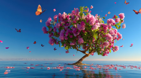 A vibrant scene featuring a picturesque flowering tree surrounded by colorful butterflies, reflecting peace and beauty in a tranquil water landscape.の素材