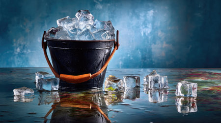 A captivating still life composition showcasing a black bucket filled with ice cubes, surrounded by glistening reflections on a wet surface, set against a soothing blue backdrop.の素材
