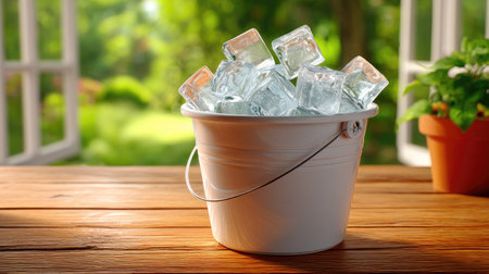 A white bucket filled with clear ice cubes sitting on a wooden table. Soft sunlight streams through a window, highlighting the refreshing coolness, ideal for summer gatherings.の素材