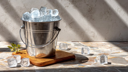 This image showcases a silver bucket filled with ice cubes, resting on a wooden board. Sunlight casts interesting shadow patterns, creating a refreshing vibe perfect for summer gatherings or beverage services.の素材