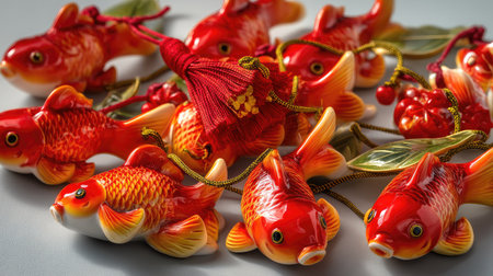 A vibrant collection of ceramic goldfish decorations featuring elegant tassels and green leaves, perfect for adding a touch of charm and culture to any setting.の素材