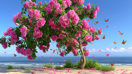 A stunning pink flowering tree stands on a serene beach, surrounded by fluttering butterflies and colorful petals scattered on the sand.の素材