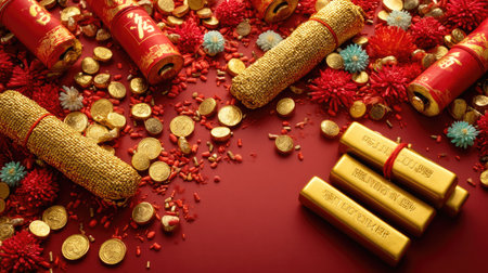 This vibrant arrangement showcases traditional festive elements, including gold coins, firecrackers, and red flowers, symbolizing prosperity and joy.の素材