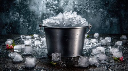 A visually appealing image of a bucket filled with crushed ice and scattered ice cubes on a textured surface, decorated with delicate flowers, representing refreshment.の素材