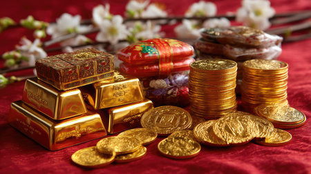 A vibrant display of gold bars and coins amidst traditional decorations, symbolizing wealth and prosperity commonly associated with festive celebrations.の素材