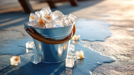 A metallic bucket filled with sparkling ice cubes sits on a sunlit surface, surrounded by melting water, evoking refreshing summer moments and leisure.の素材