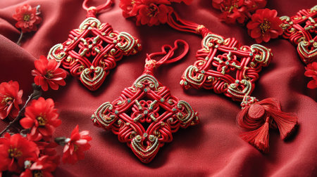 This captivating image showcases elegant red decorative knots embellished with golden accents, artfully displayed on rich floral fabric, symbolizing good fortune.の素材